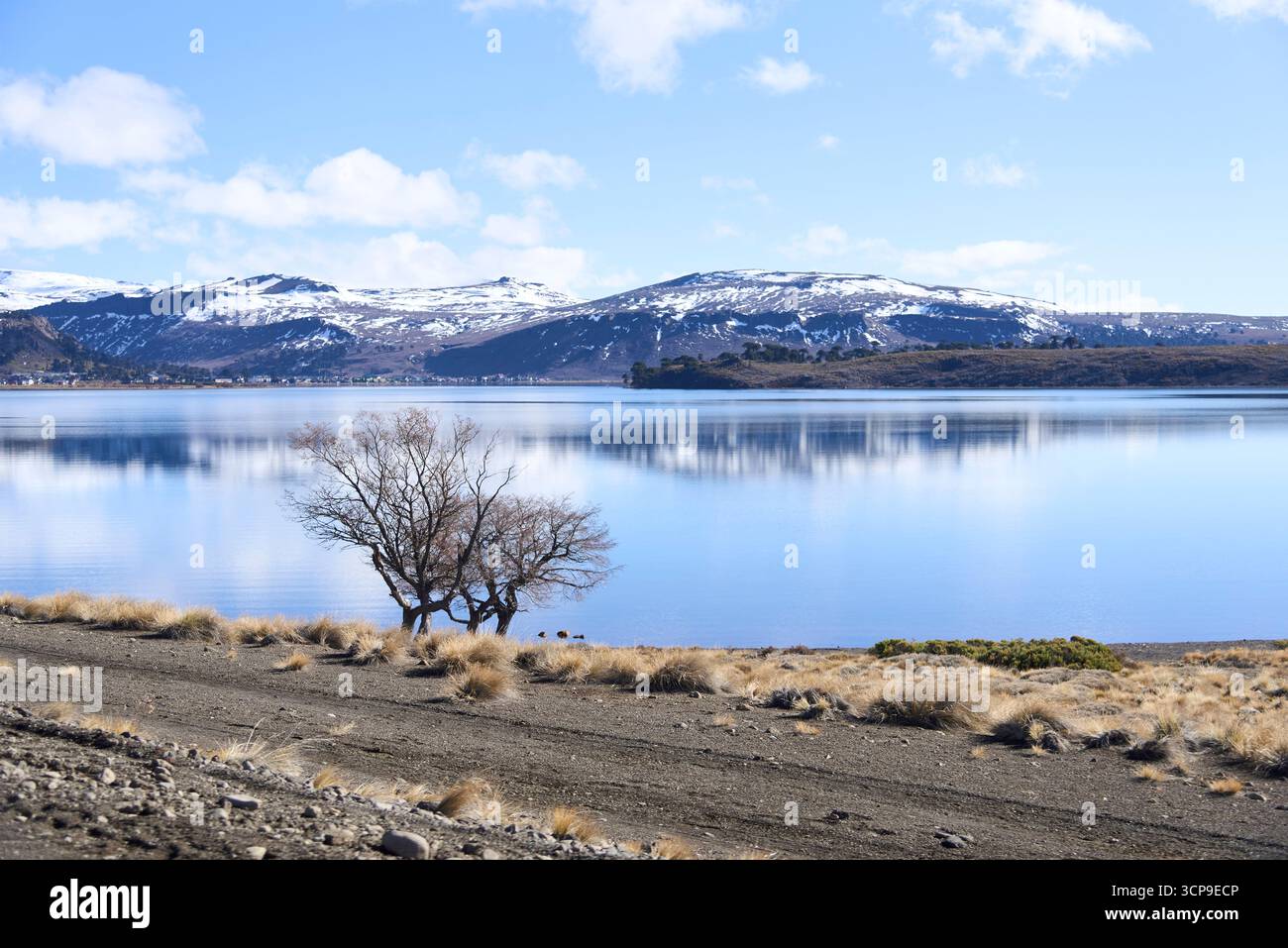 Paesaggio invernale della Patagonia: Le montagne della zona, con le loro vette innevate, si riflettono nella tranquilla superficie del lago Caviahue. Neuquen, Arg Foto Stock