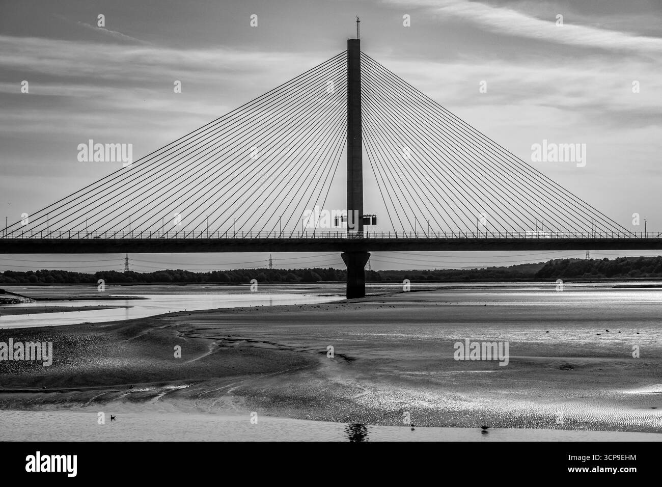 Mersey Gateway Bridge sul fiume Mersey in bianco e nero Foto Stock