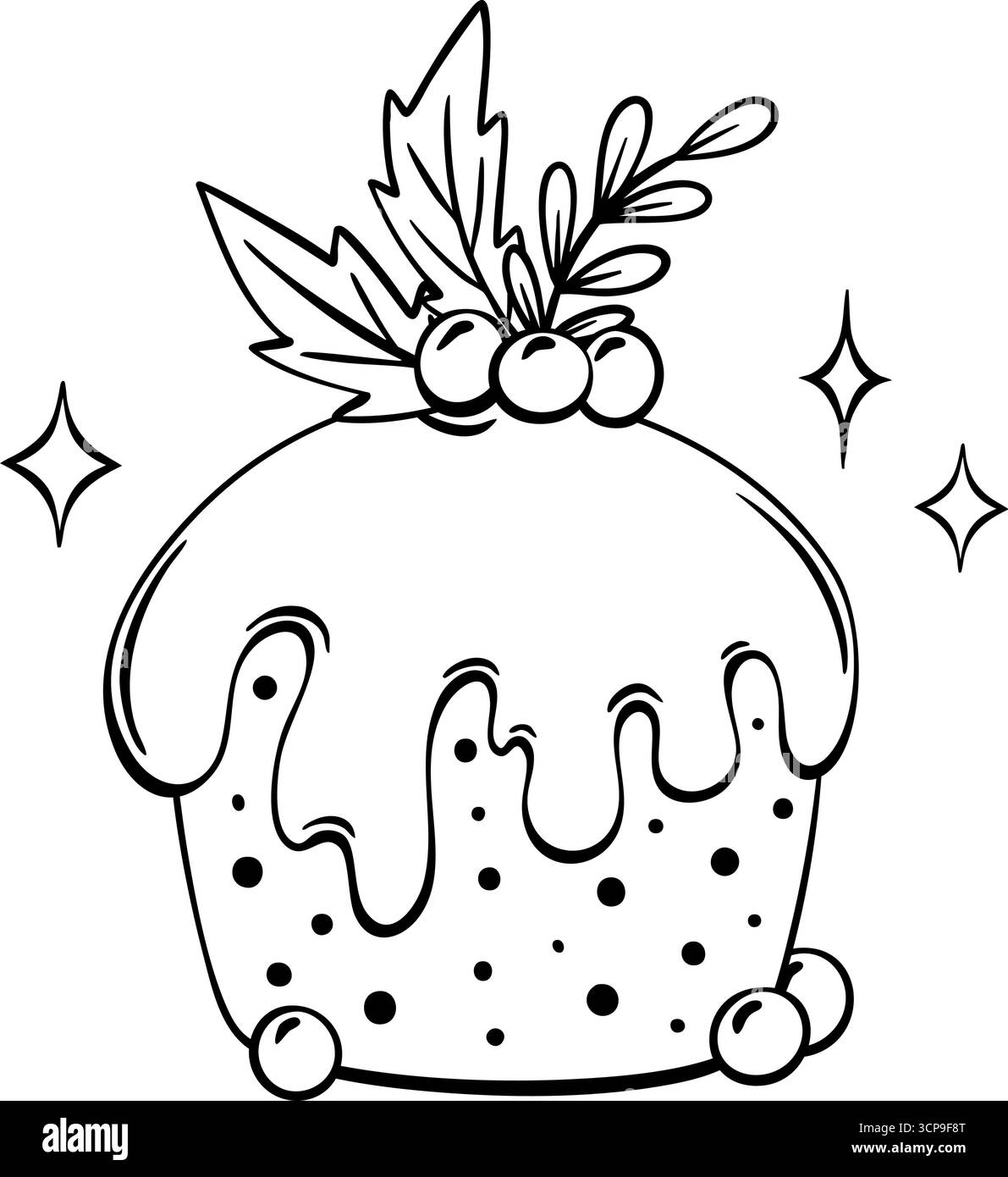 Una torta natalizia con glassa, foglie di agnello e frutti di bosco. perfetto per le feste e i saluti di stagione. Illustrazione Vettoriale