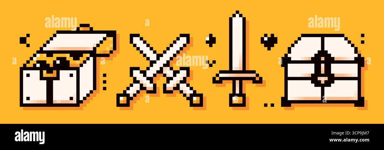 Icone pixel art su sfondo giallo. Due cofanetti e spade disegnati con un semplice stile Y2K. Illustrazione Vettoriale