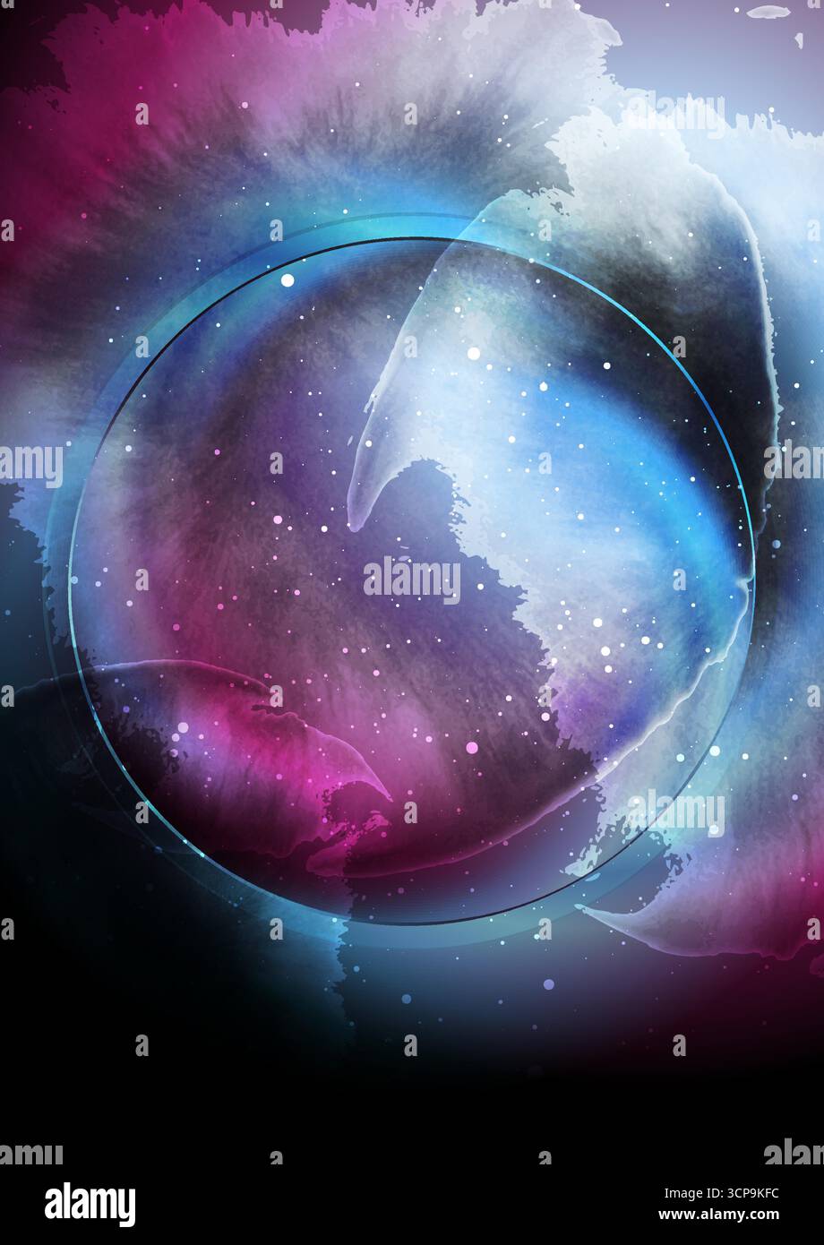 Sfondo astratto cosmico retrò con texture grunge blots. Cerchio blu lucido sullo sfondo viola intenso della galassia rétro con puntini e particelle lucenti Illustrazione Vettoriale