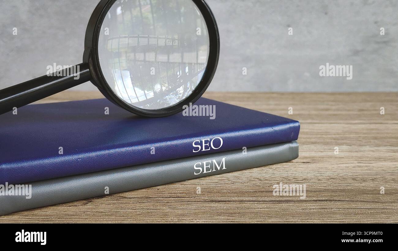 Una lente d'ingrandimento e notebook dal titolo "SEO" e "SEM", che simboleggiano le strategie di marketing digitale. Foto Stock