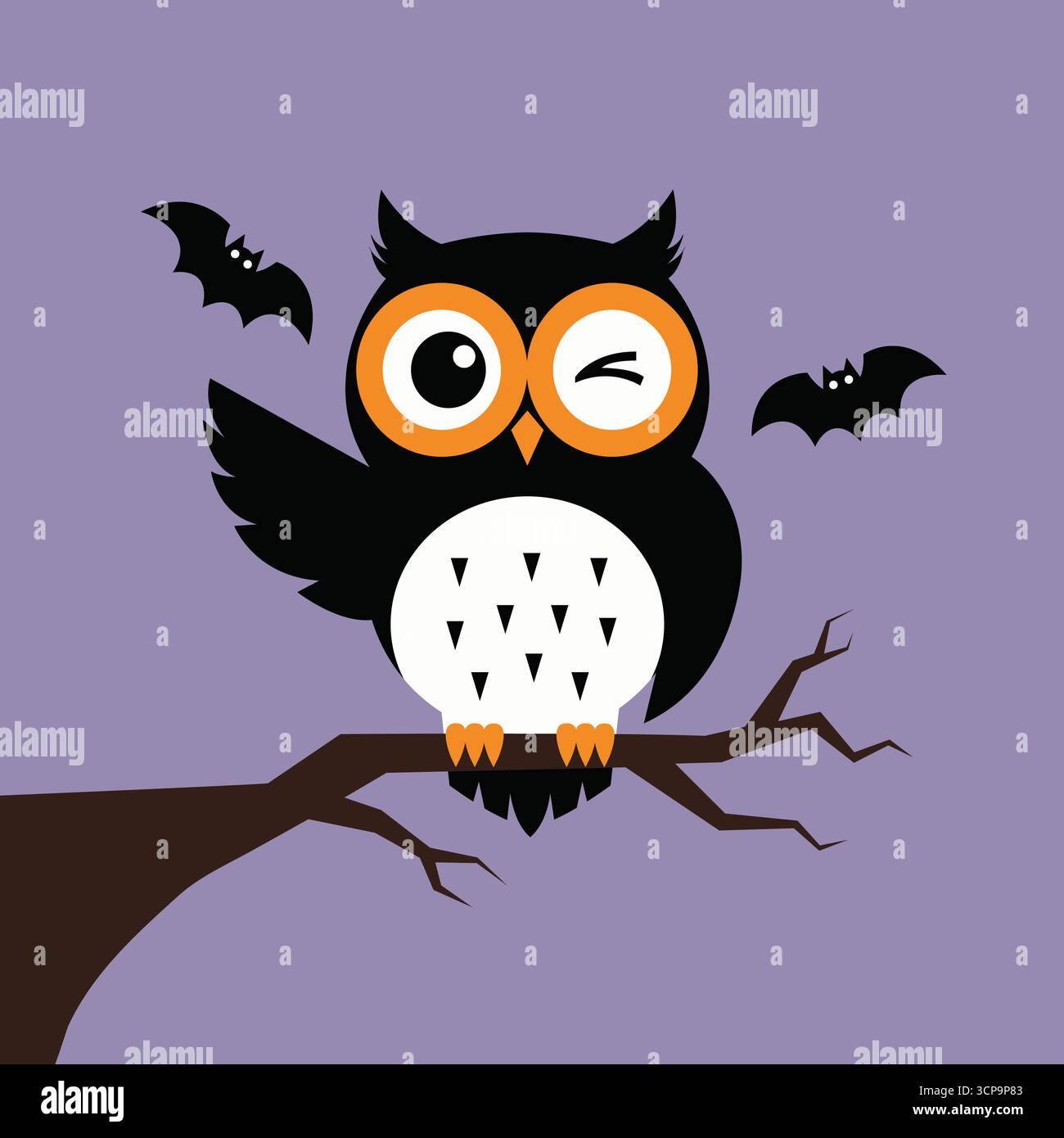 bizzarro gufo di halloween con pipistrelli su un ramo spaventoso e divertente vettore di illustrazione Illustrazione Vettoriale