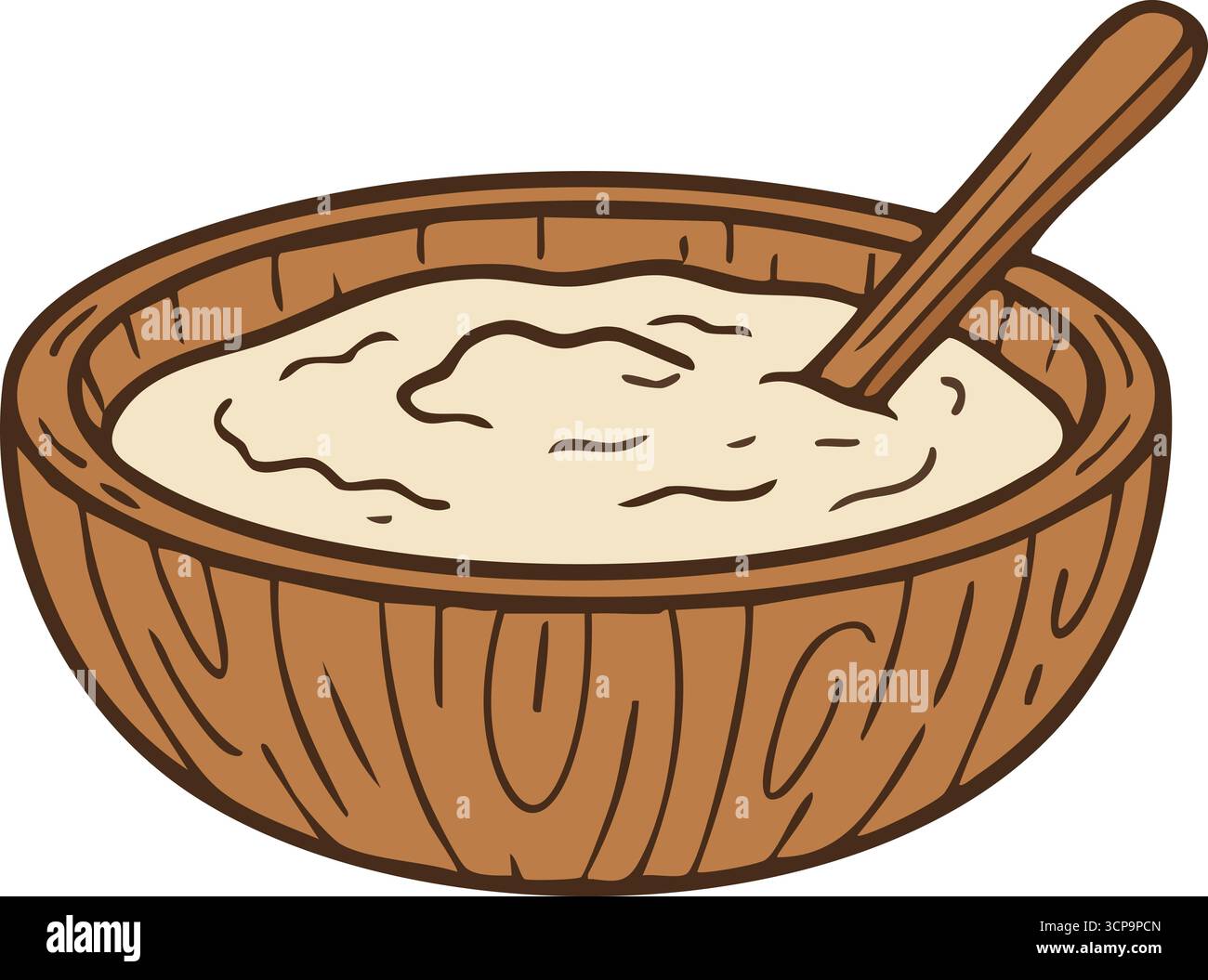 Una ciotola rotonda intagliata contiene un budino di riso cremoso mescolato con un cucchiaio di legno corto Illustrazione Vettoriale