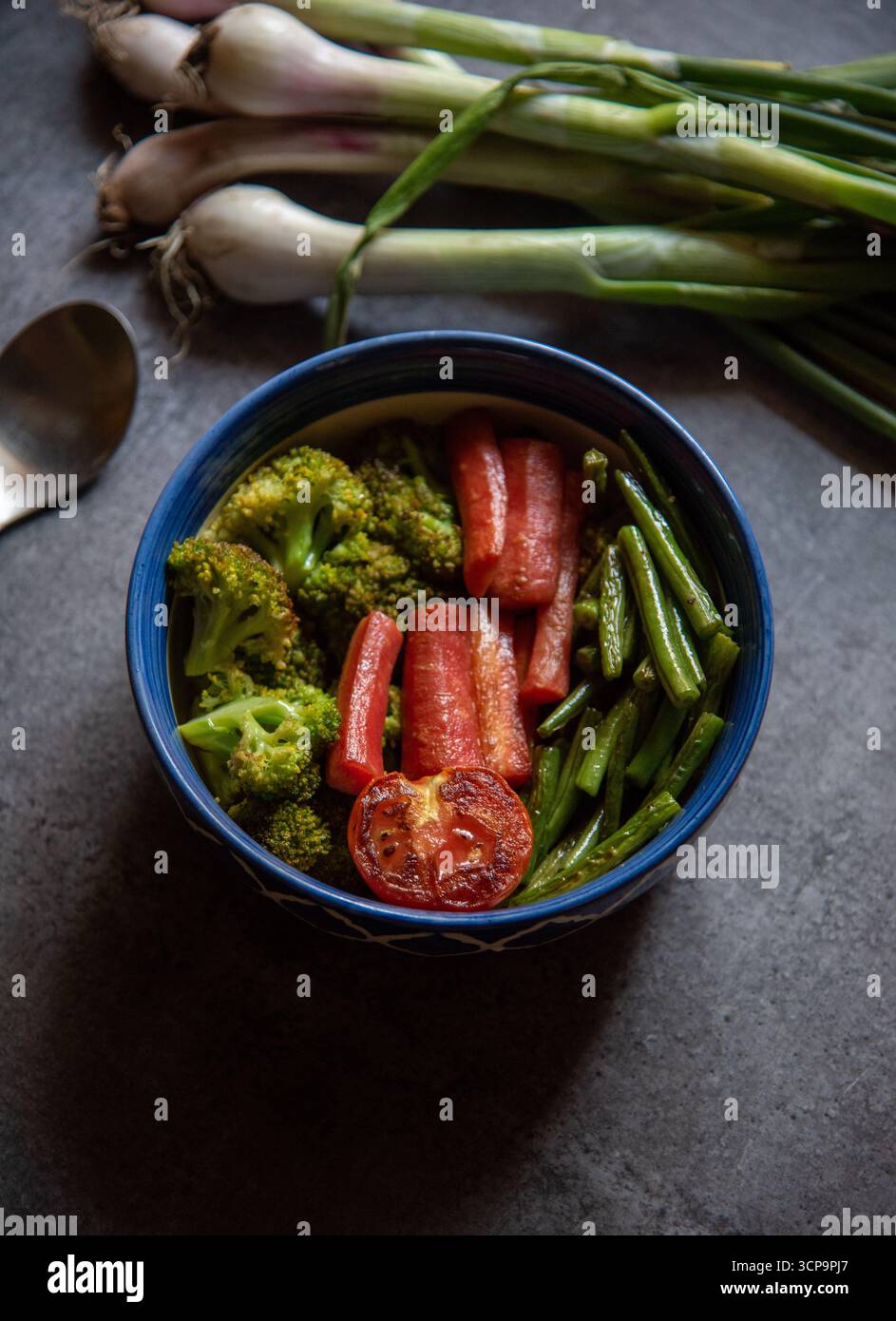 Riso sano, pollo e verdure bollite. Vista dall'alto, messa a fuoco selettiva Foto Stock