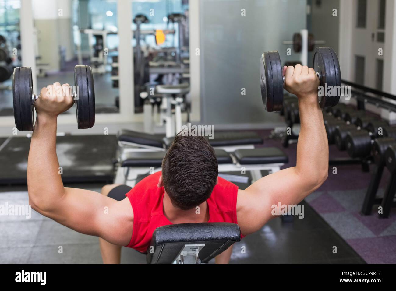 Sollevatore di pesi maschile in rosso, abbigliamento sportivo, manubri da pressare sulla panca inclinata in palestra con pareti a specchio Foto Stock
