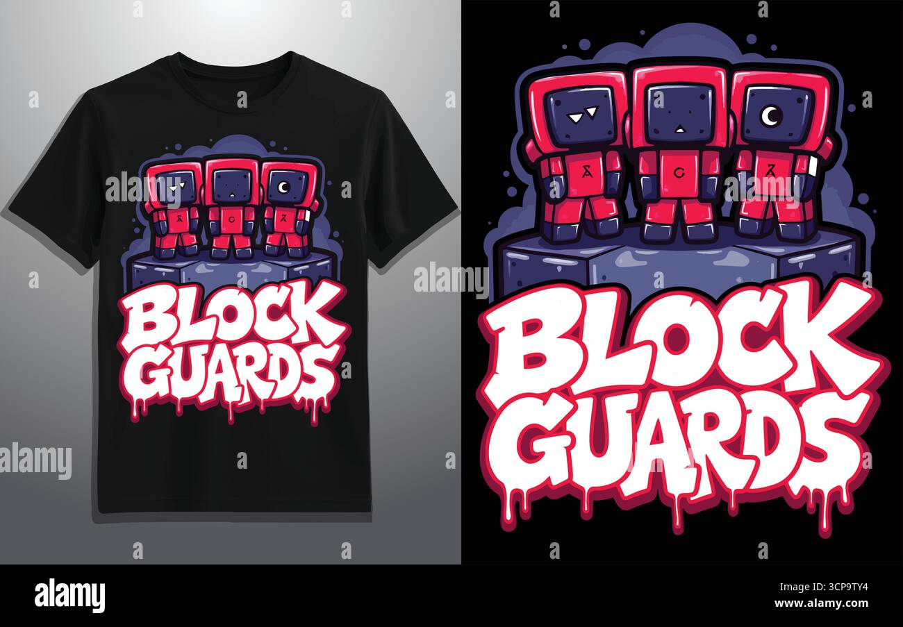 Block Guards illustrazione vettoriale con personaggi del cubo di cartone animato in abiti rossi per il gioco, la cultura pop e il design di T-shirt Illustrazione Vettoriale