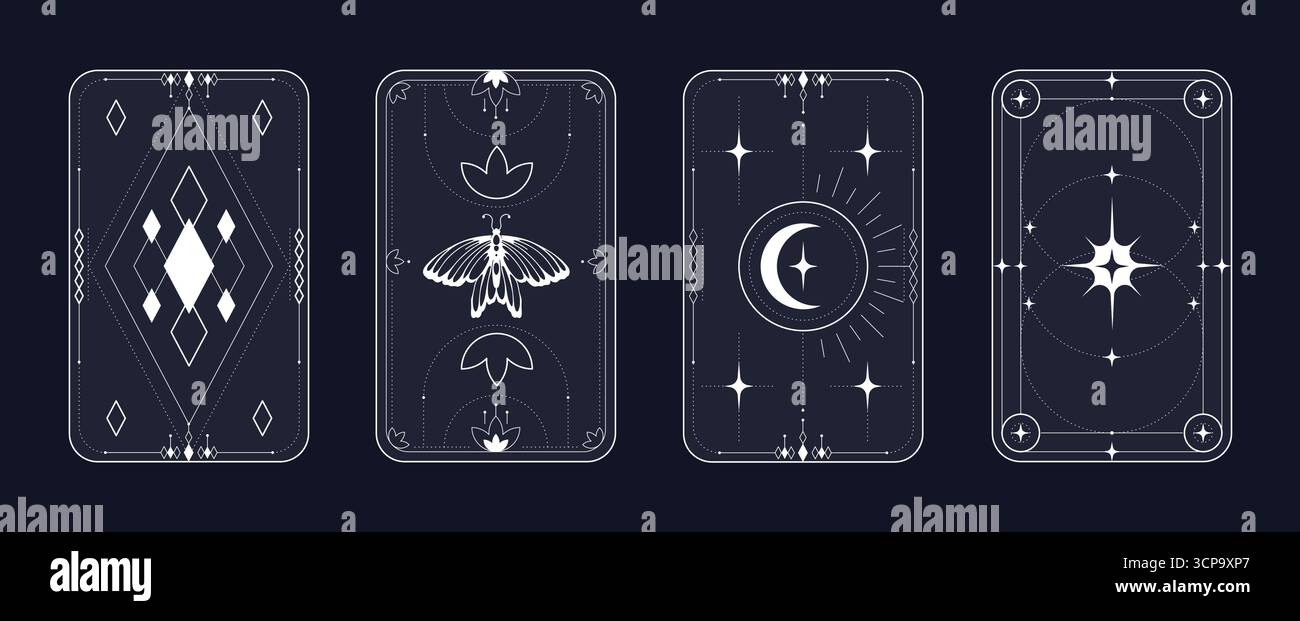 I disegni delle cornici dei Tarocchi includono simboli mistici ed elementi celesti per le carte divinazione. Bordi decorativi occulti con fasi lunari e motivi geometrici. Modelli esoterici per i ponti di fortuna. Illustrazione Vettoriale