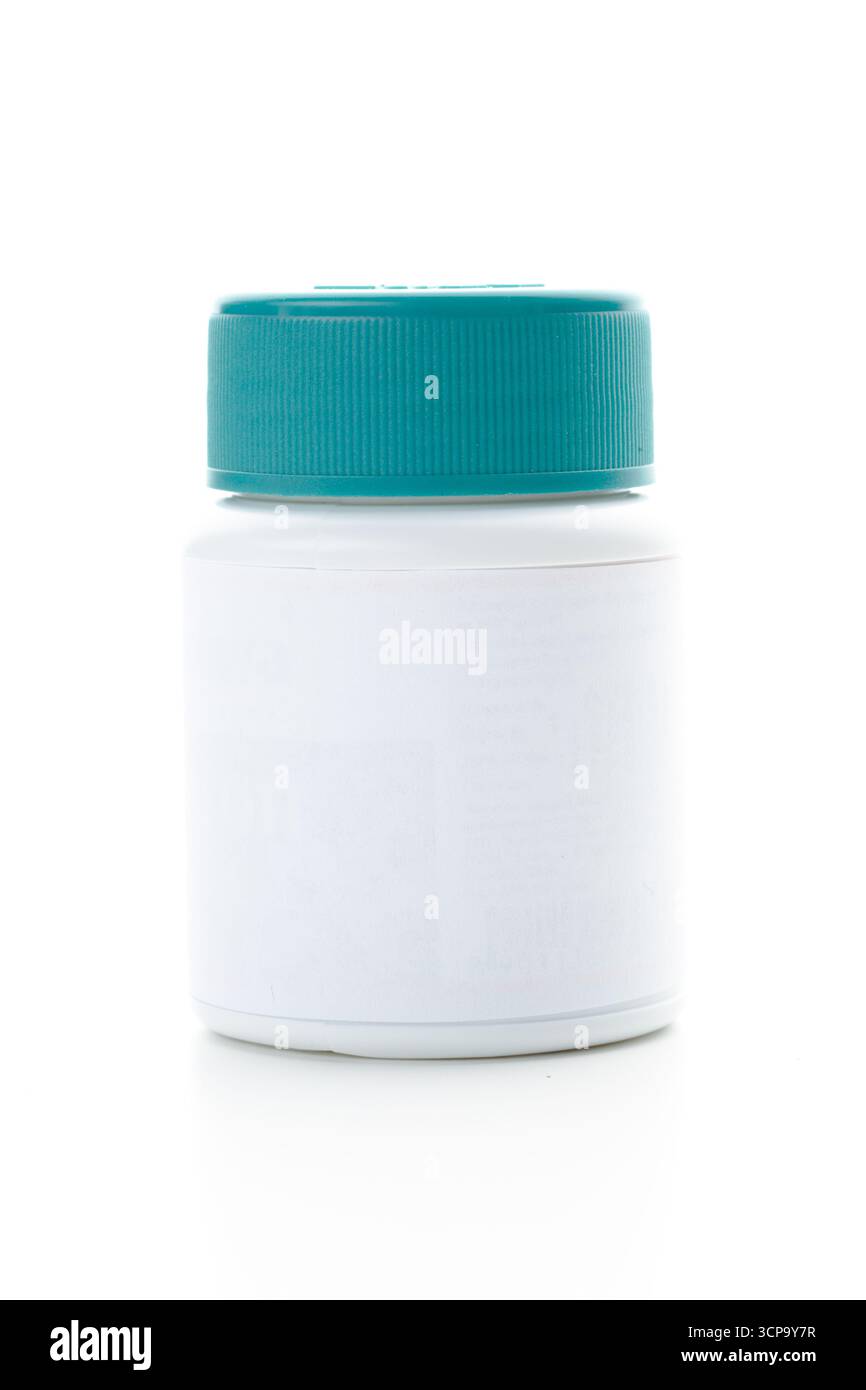 Contenitore con coperchio verde acqua su sfondo liscio che mostra la confezione del prodotto Foto Stock