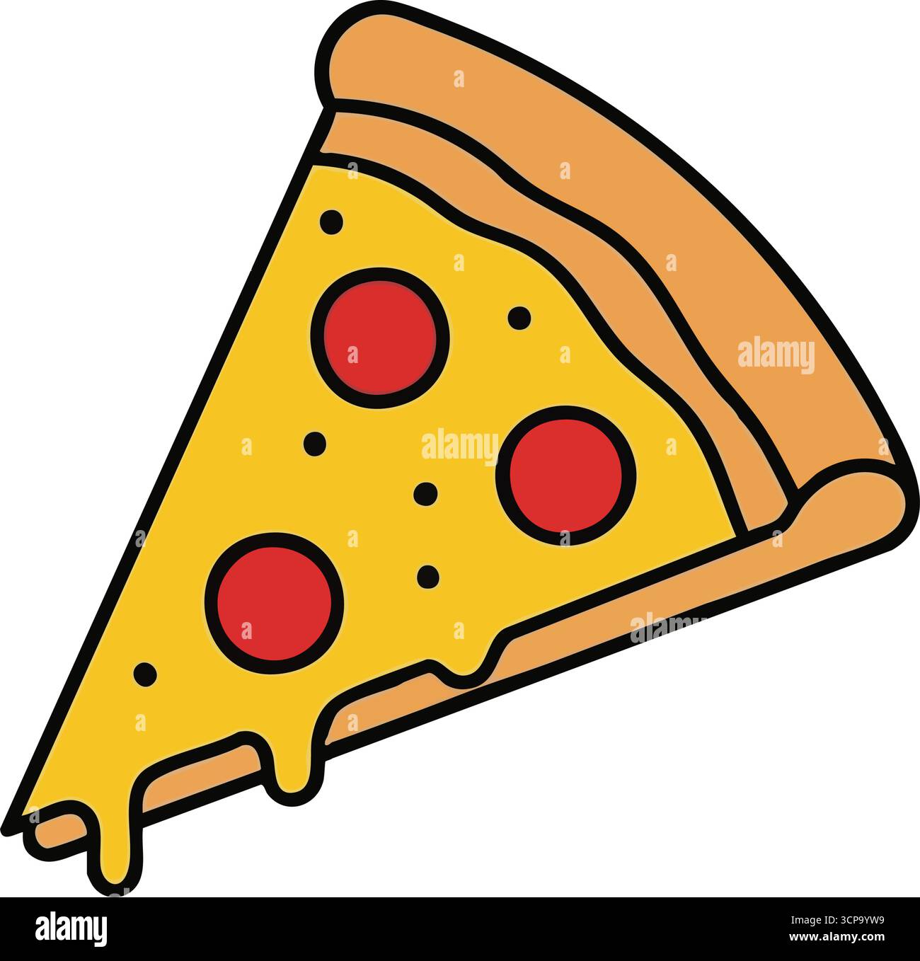 Cheesy Pepperoni Slice. Una vivace illustrazione in stile cartoni animati di una porzione di pizza calda, perfetta per temi gastronomici. Evoca comfort e pasti veloci Illustrazione Vettoriale