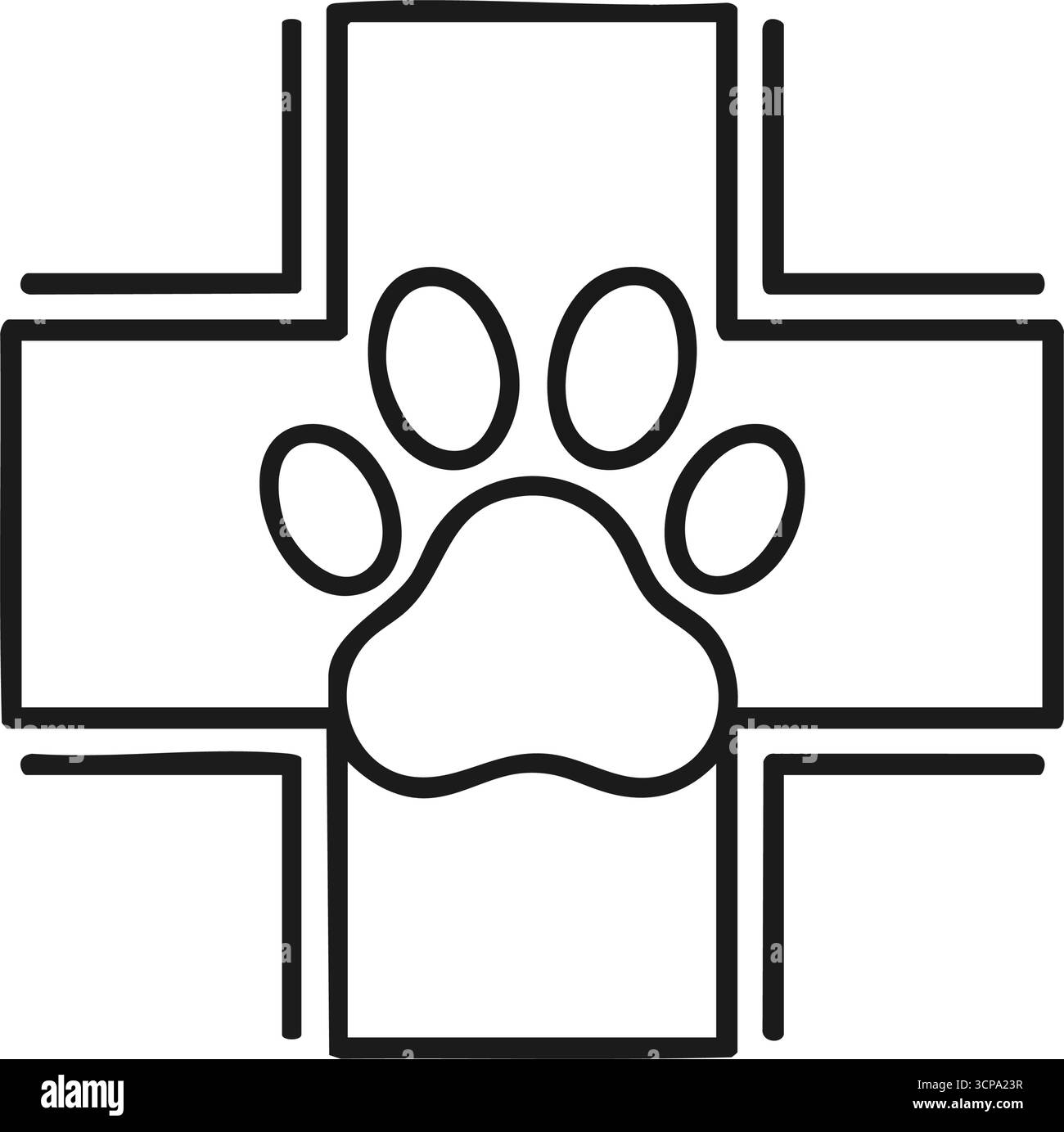 Icona PET Healthcare Medical Cross. Questa grafica combina un segno di guarigione con una zampa, simboleggiando la cura compassionevole degli animali. Rappresenta il veterinario su Illustrazione Vettoriale