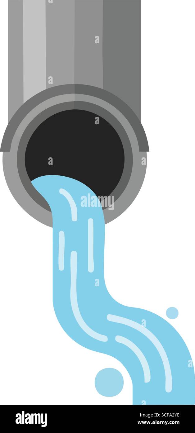 Icona flusso del tubo dell'acqua. Raffigura un condotto con acqua liquida che cade dalla sua apertura, simboleggiando la gestione dei fluidi e l'infrastruttura urbana. Illustrazione Vettoriale