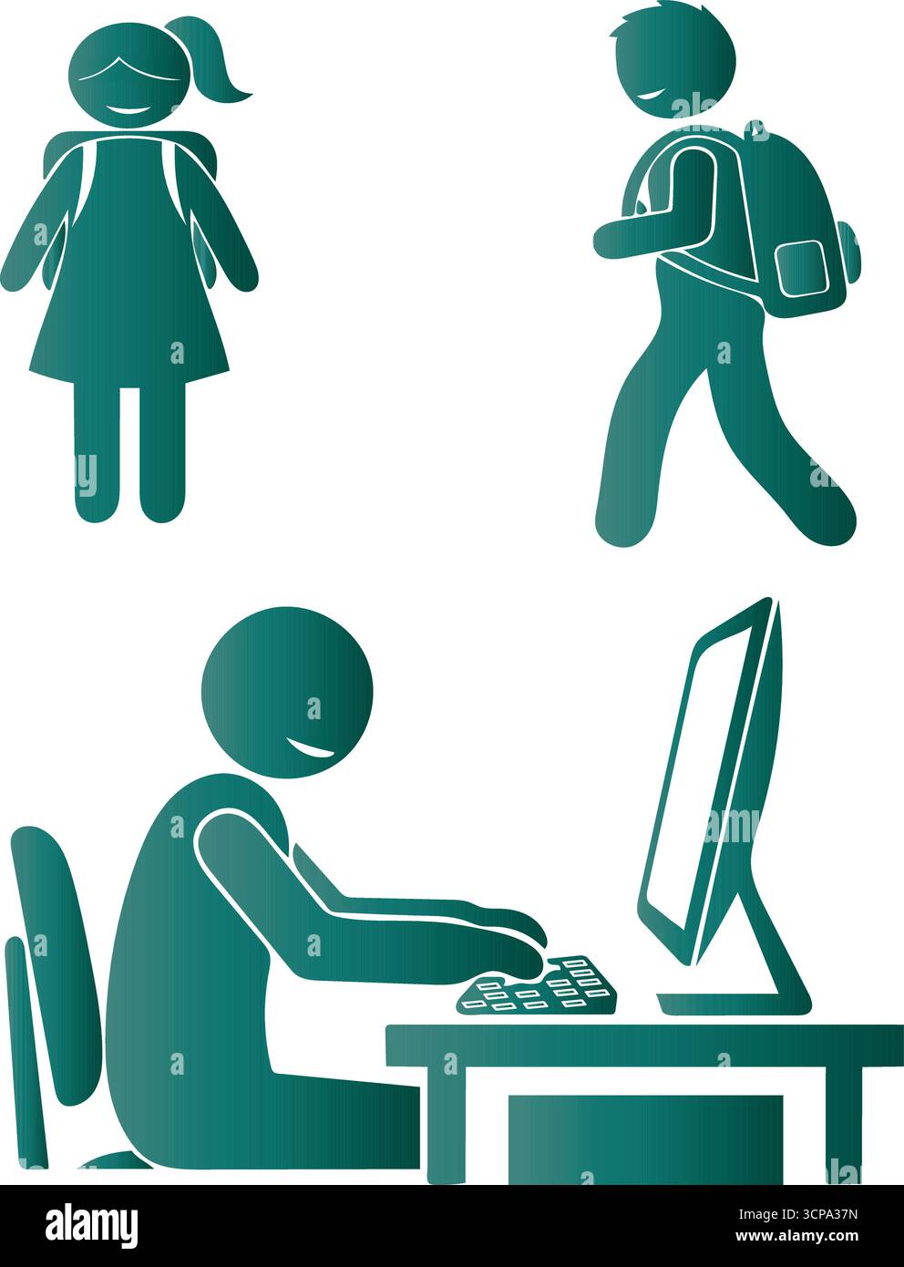 Figure con bastone verde che rappresentano gli studenti che imparano e utilizzano la tecnologia isolata su sfondo bianco Illustrazione Vettoriale