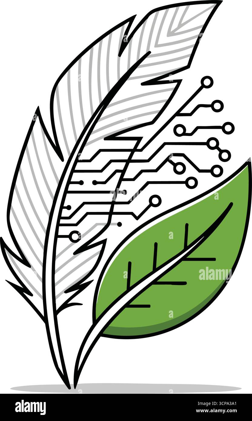 Eco innovazione Design digitale. Un'illustrazione unica che unisce elementi organici a pattern elettronici. Essa raffigura la fusione di armonia naturale e c Illustrazione Vettoriale