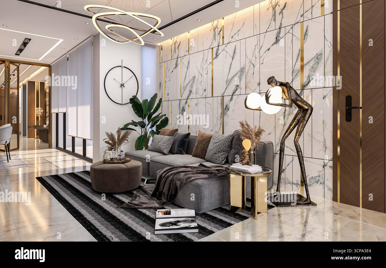 Lussuoso soggiorno moderno con pareti in marmo e oro, sculture di lampade di design e mobili contemporanei Foto Stock