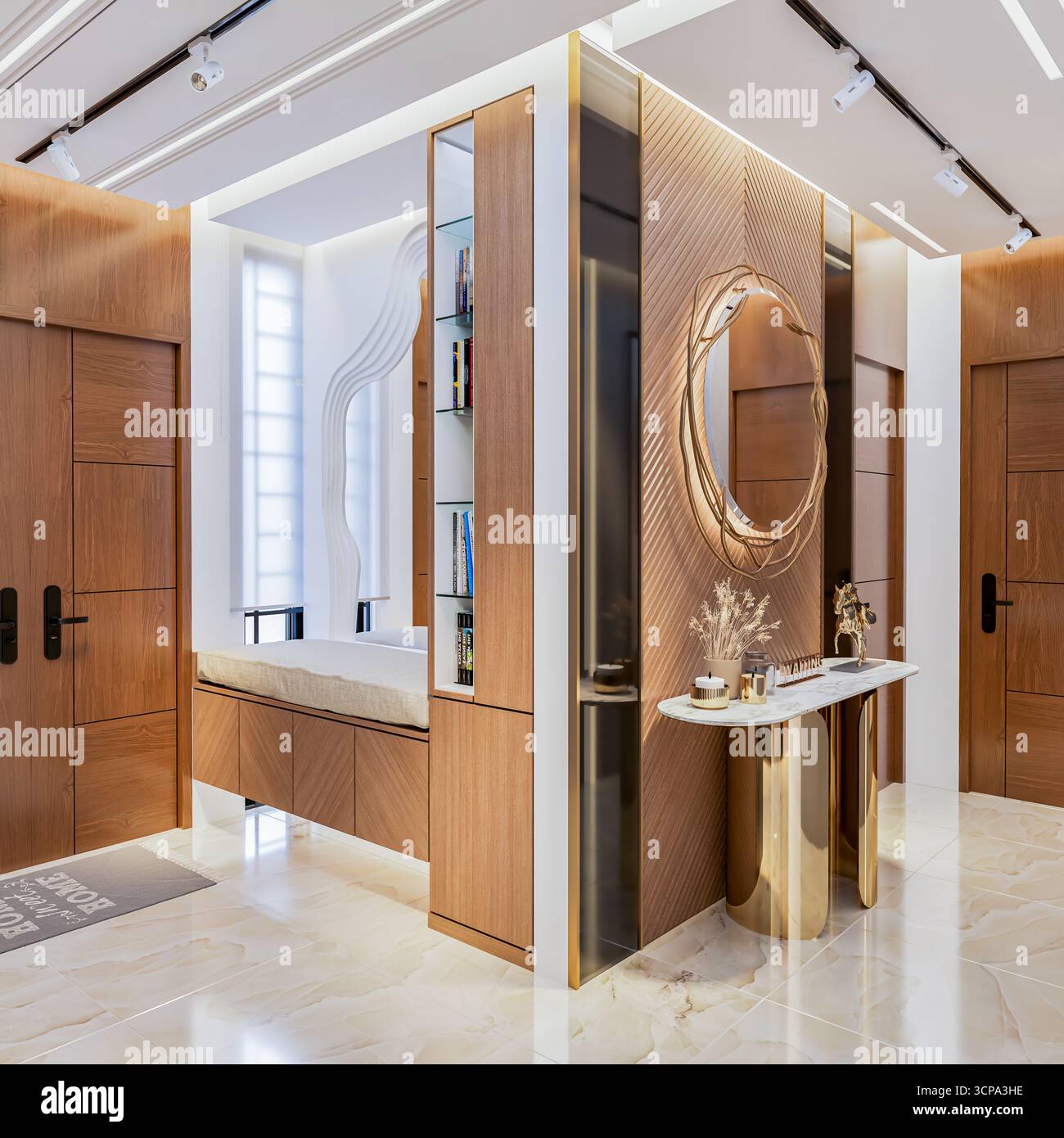 Design moderno e lussuoso del foyer con specchio dorato e tavolo console | architettura degli interni Contemporary Home Entryway | pannelli in legno e marmo Foto Stock