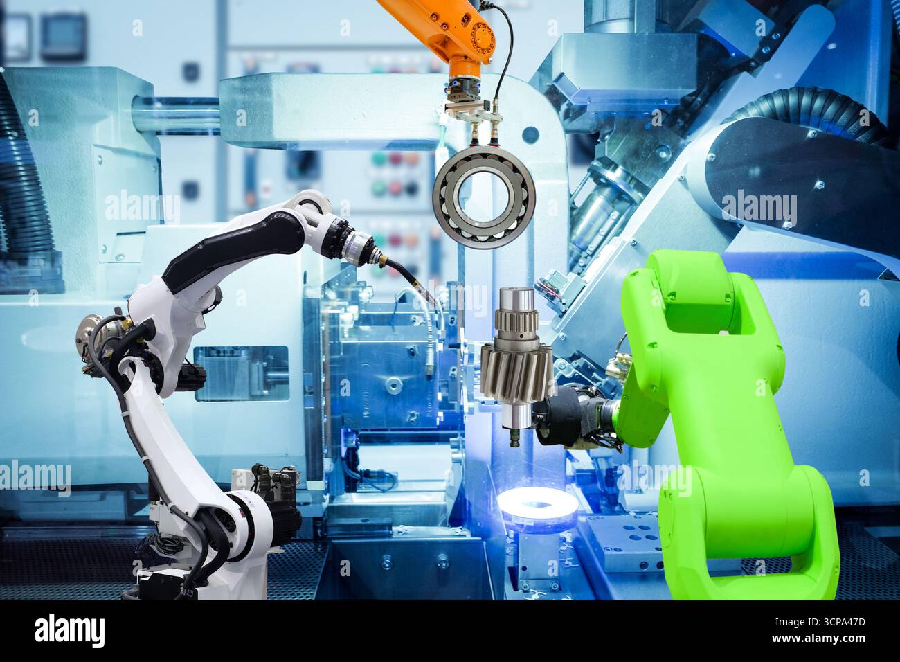 Robot di saldatura industriale e robot di presa che lavorano con parti metalliche su fabbrica intelligente, su sfondo di colore blu della macchina, Industry 4,0 Foto Stock