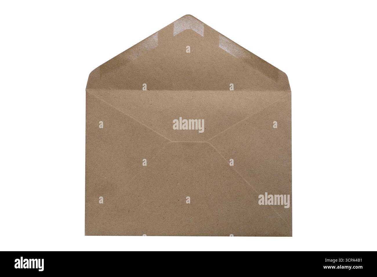 Retro di una busta marrone vuota su fondo aperto, isolato su sfondo bianco Foto Stock