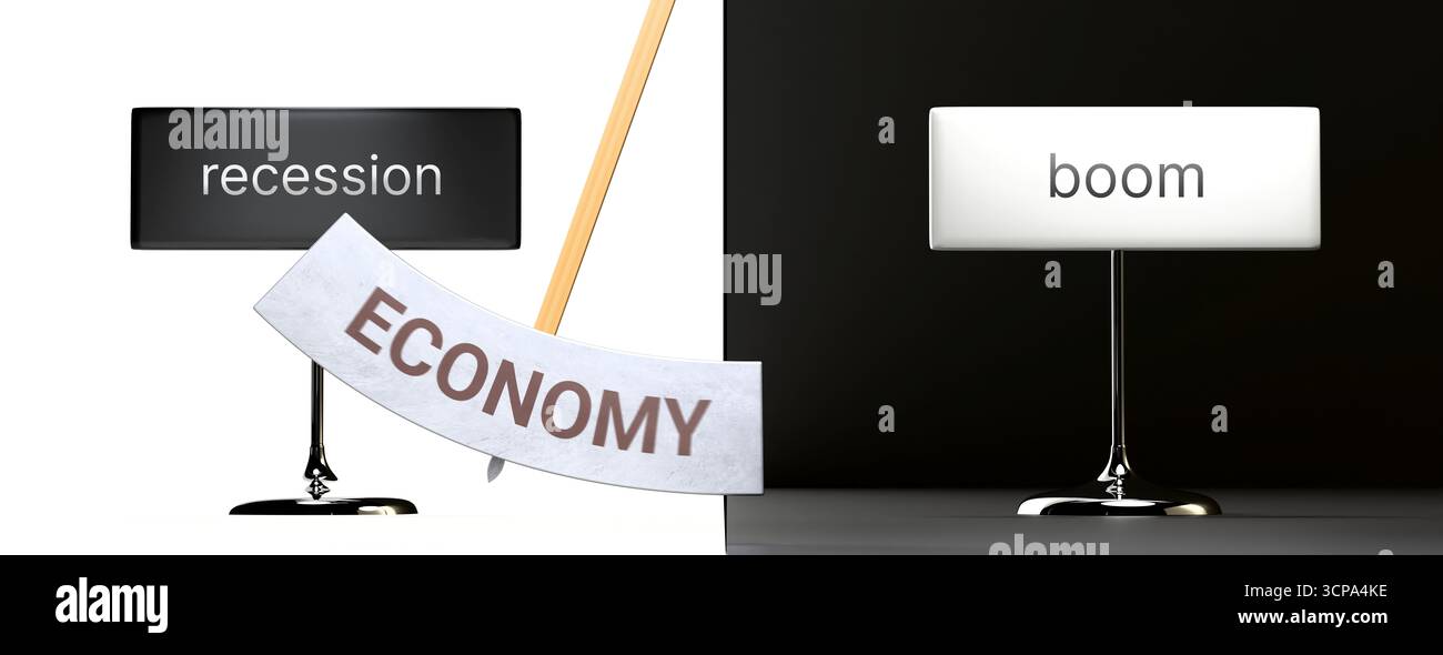 L'economia oscilla tra la recessione e il boom. Visualizzazione di un modello di economia che passa tra le estremità: Recessione e boom. Transizione ripetuta Foto Stock