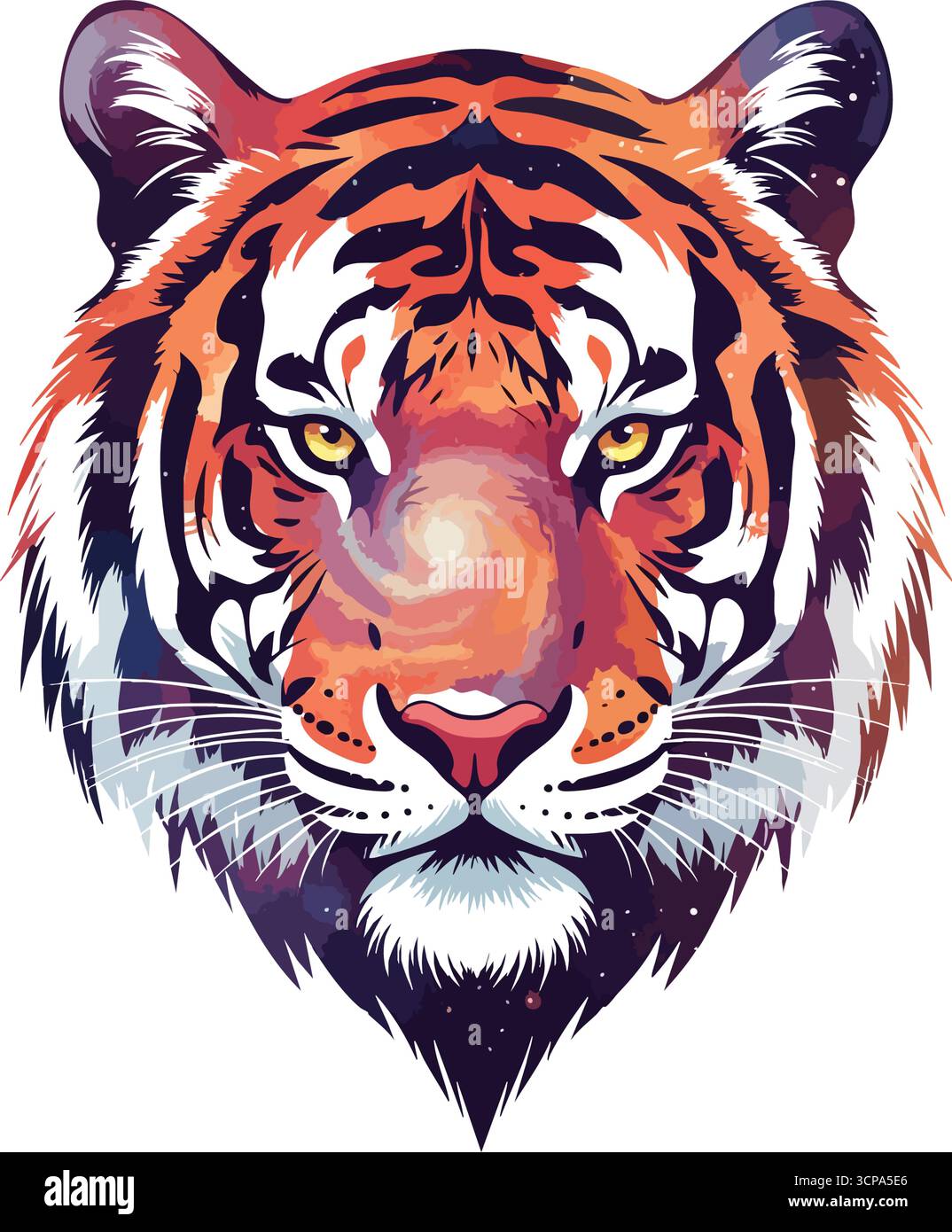 Ritratto cosmico della tigre. Suggestiva rappresentazione felina che fonde spirito selvaggio con meraviglia celeste. Una vivace rappresentazione artistica di vi di un potente gatto della giungla Illustrazione Vettoriale