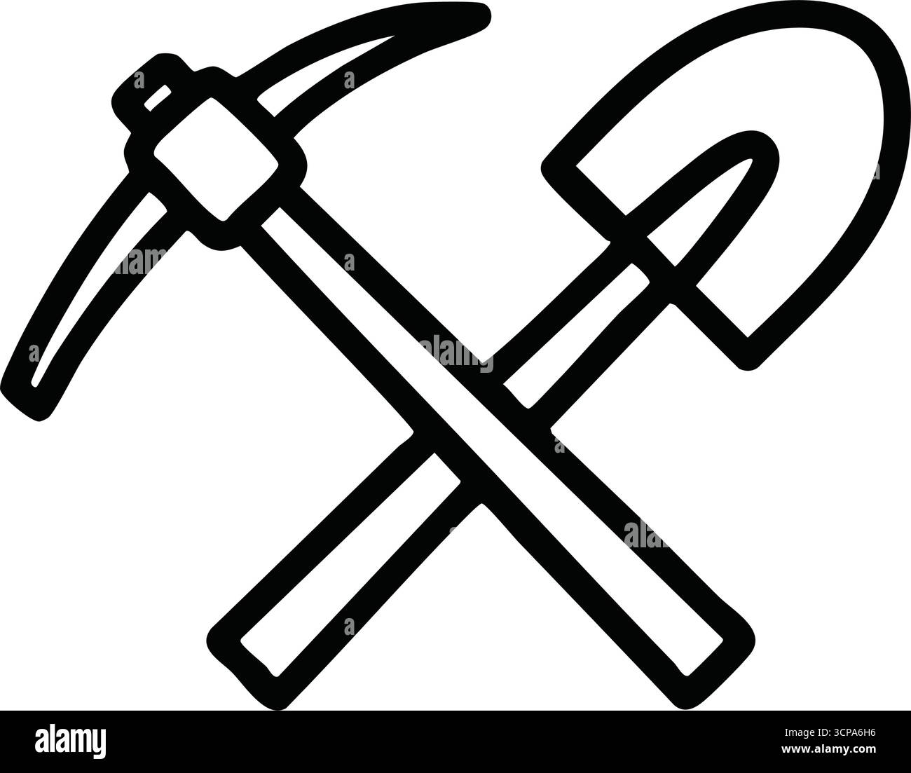 Simbolo degli strumenti di scavo minerario. Questa immagine mostra gli attrezzi incrociati utilizzati per la preparazione del terreno. Rappresenta lo sforzo manuale, la costruzione, un Illustrazione Vettoriale