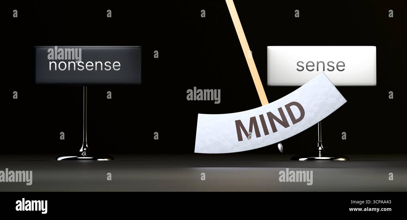 La mente scorre tra le sciocchezze e il senso. Visualizzazione di uno schema mentale ripetuto che oscilla tra le estremità: Sciocchezze e senso. Transiti ripetuti Foto Stock