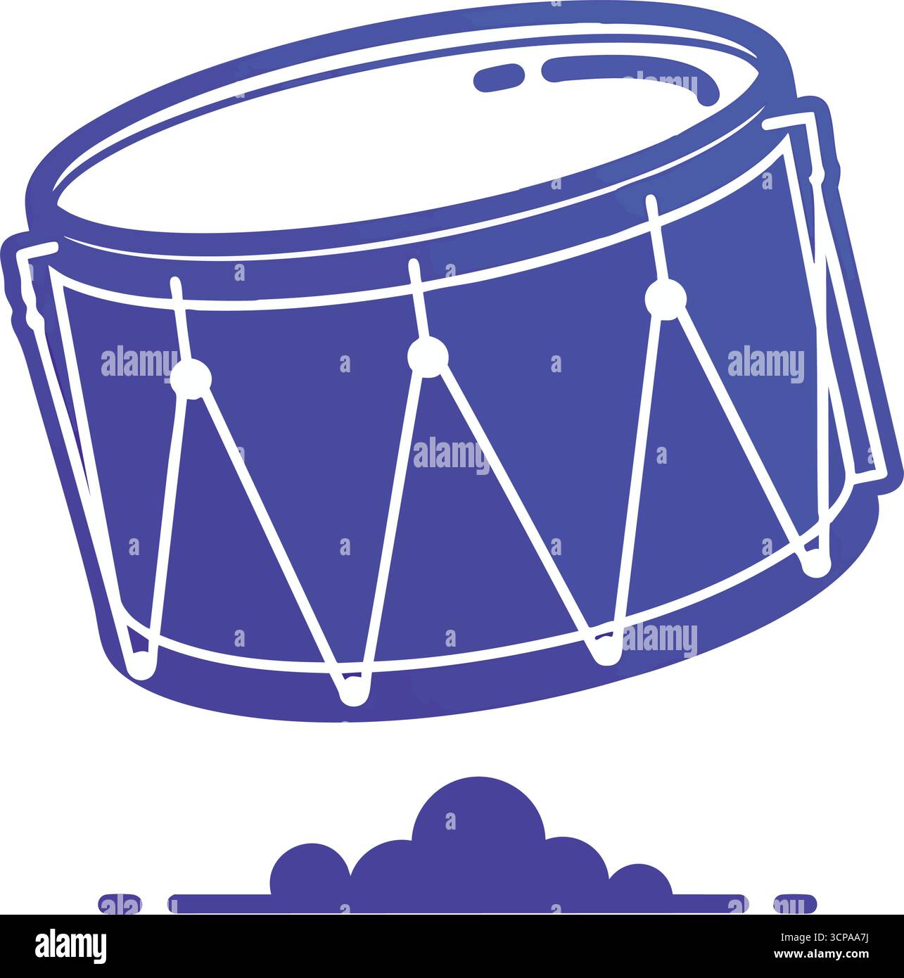 Grafica musicale a tamburo blu galleggiante. Un vibrante strumento a percussione azzurro si libra sopra un terreno stilizzato, evocando sensazioni di melodia, ritmo e. Illustrazione Vettoriale
