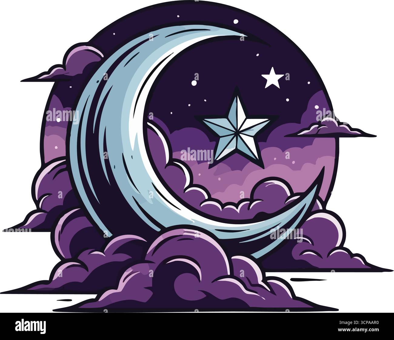 Serene Moon e Starry Night Scene. Accattivanti opere d'arte celeste caratterizzate da un arco lunare luminoso tra eteree nuvole viola. Suscita meraviglia, drea Illustrazione Vettoriale