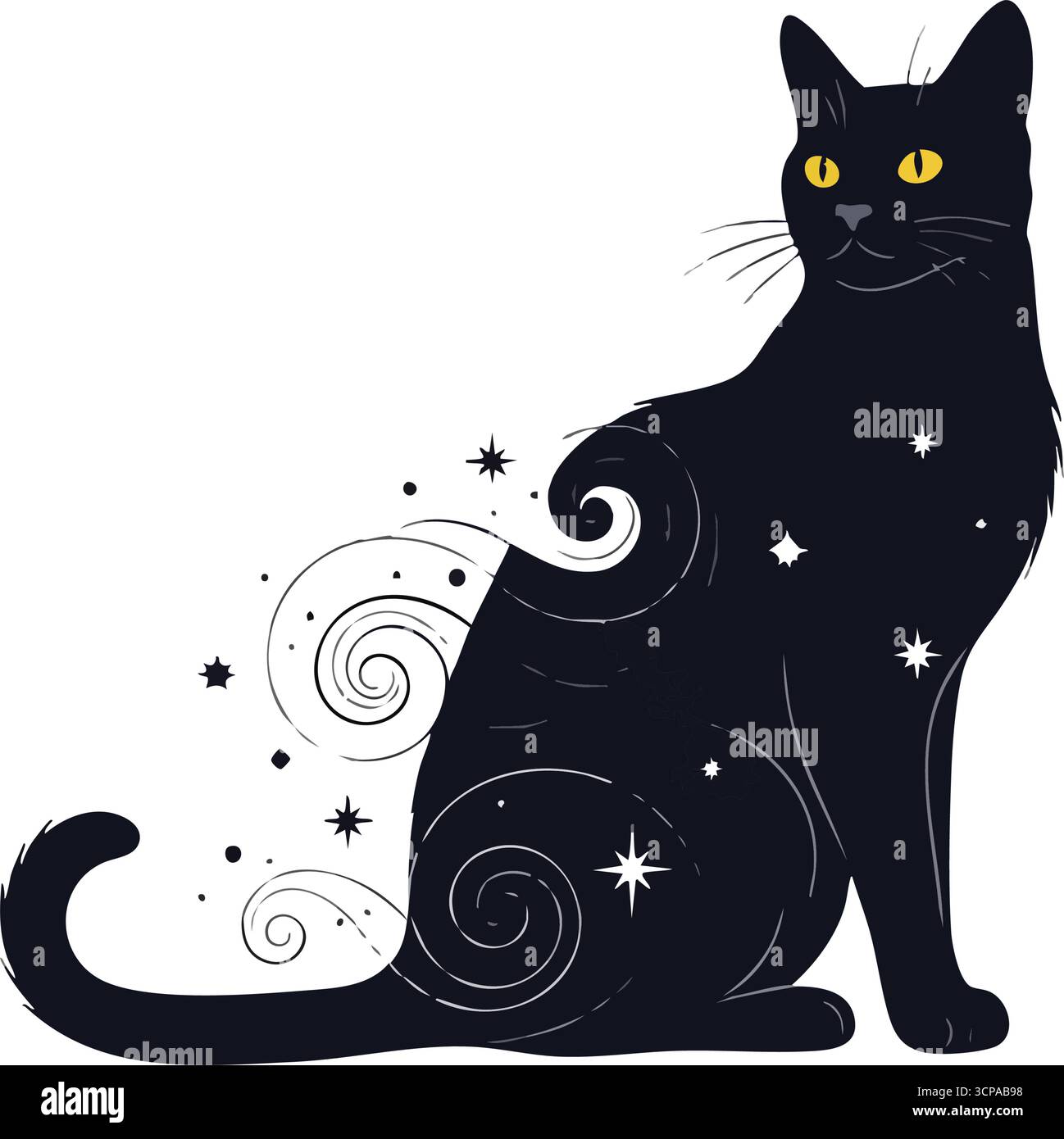 Illustrazione mistica del gatto celeste. Questo grazioso felino ebony presenta intricati design cosmici e uno sguardo dorato luminoso. Rappresenta una miscela di en Illustrazione Vettoriale