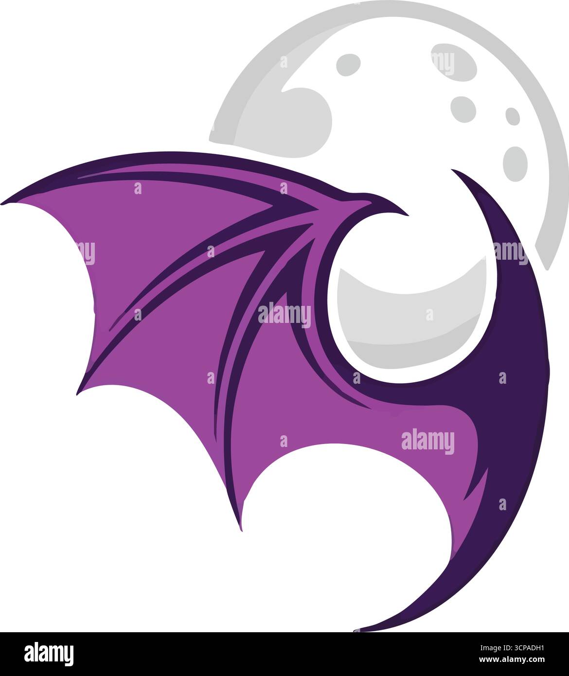 Ala viola con Luna Mezzaluna. Grafica straordinaria che mostra un arto vibrante di una creatura volante viola contro un corpo celeste luminoso. Evoca la notte Illustrazione Vettoriale