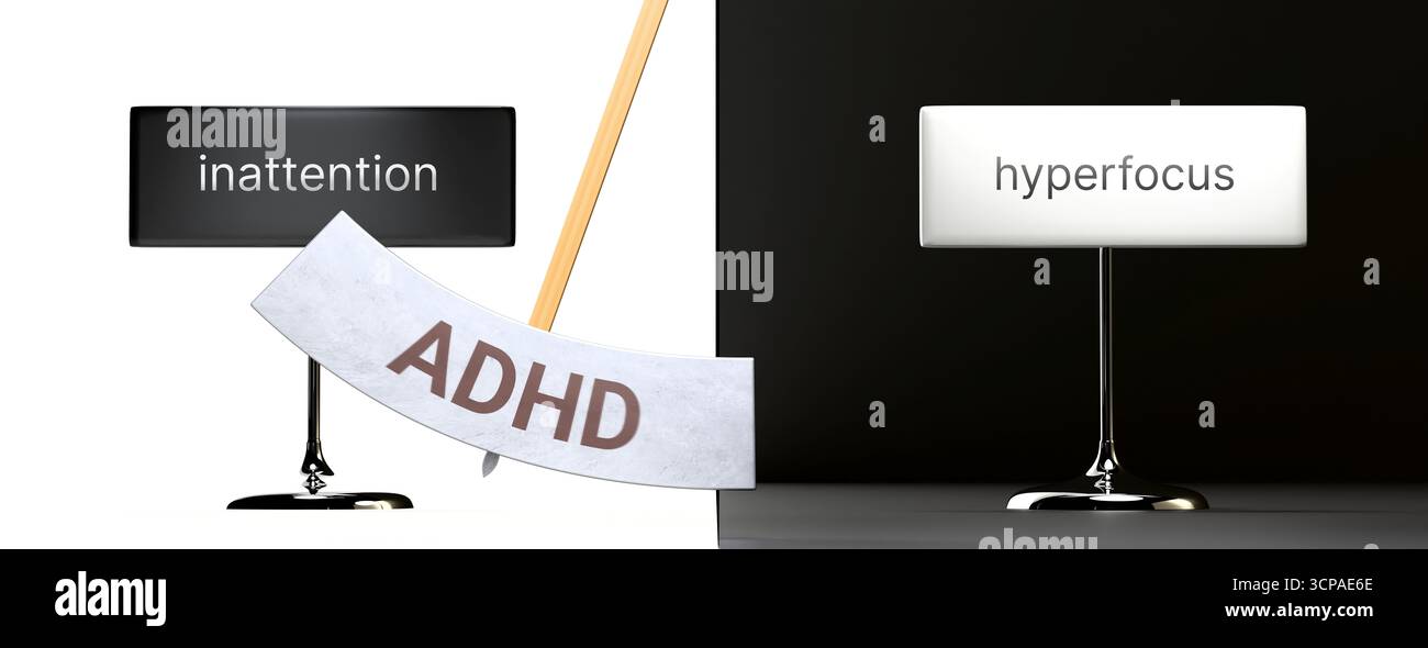 L'ADHD oscilla tra disattenzione e iperfocus. Visualizzazione di un modello di ADHD che si alterna tra le estremità: Disattenzione e iperfocalizzazione. Ripetizione t Foto Stock