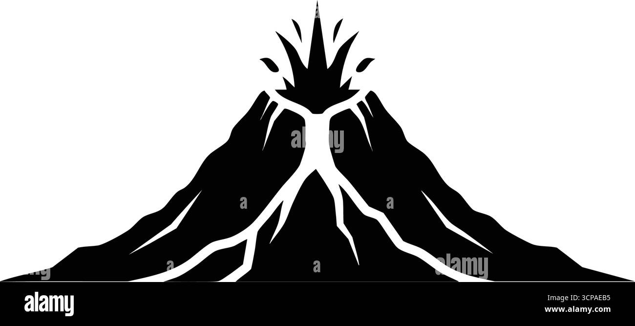 Icona Vulcano in eruzione. Questa splendida silhouette raffigura una montagna ardente con roccia fusa che scorre. Rappresenta un potere immenso, una forza naturale e un dra Illustrazione Vettoriale