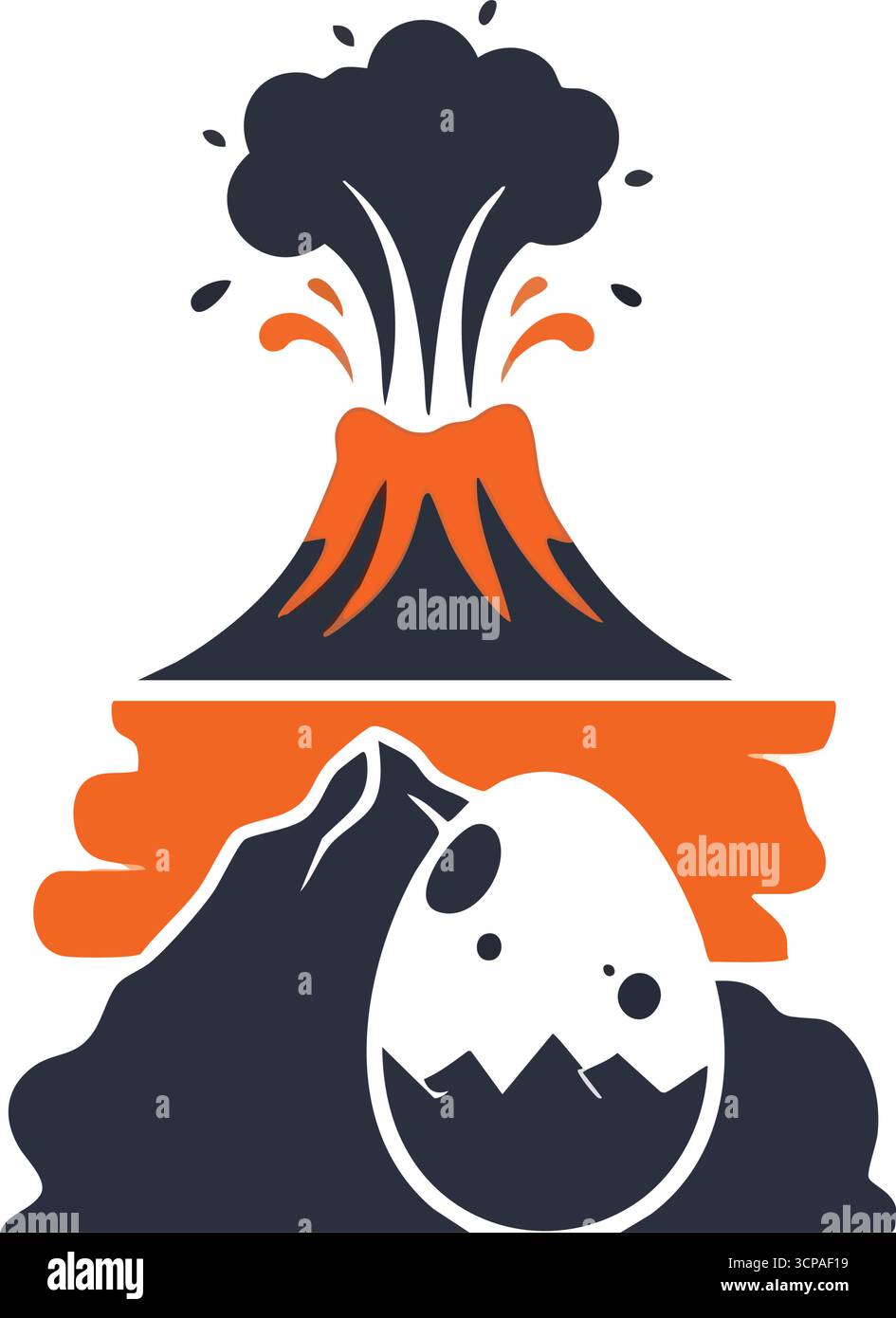 Rinascita vulcanica e uovo antico. Un picco potente eroga roccia fusa e cenere. Sotto, una conchiglia fratturata rivela il terreno emergente, simboleggiando il primordiale Illustrazione Vettoriale