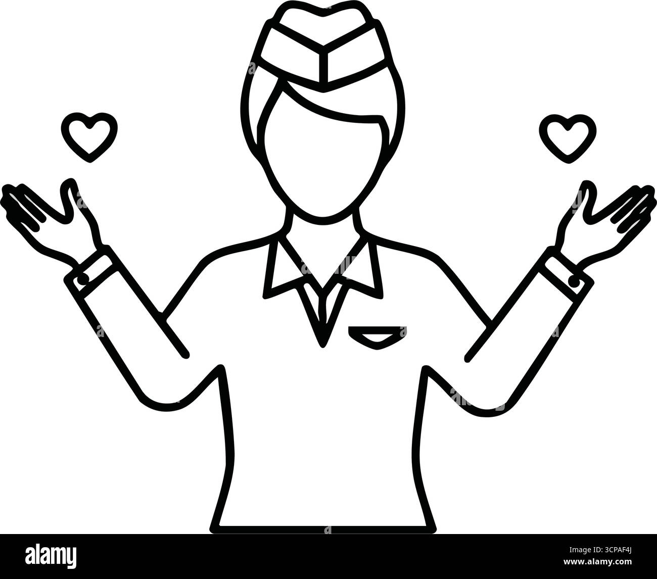 Compagnia aerea professionale dedicata. Immagine stilizzata di un individuo in uniforme, probabile equipaggio dell'aviazione, che trasmette calore e compassione. I cuori indicano eccezion fatta Illustrazione Vettoriale