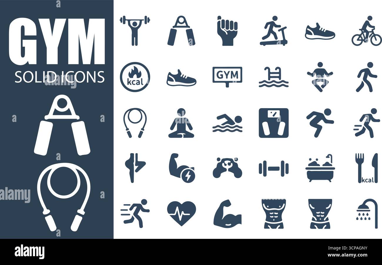 Icone solide della palestra | simboli vettoriali per il fitness, l'allenamento e l'attrezzatura Illustrazione Vettoriale