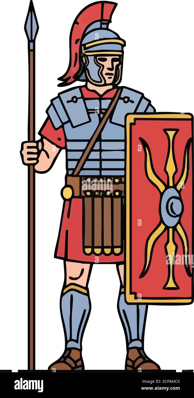 Roman Legionary Soldier Flat Art Una vibrante rappresentazione di un fante imperiale dotato di armatura protettiva, un grande scudo e una lancia. Symboliz Illustrazione Vettoriale