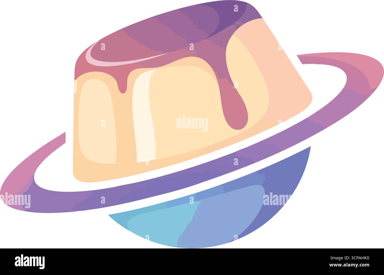 Delizia dei dessert cosmici. Vivace opera d'arte di un delizioso flan che si fonde con un pianeta dagli anelli, simboleggia la gioia dell'immaginazione e un culino ultraterreno Illustrazione Vettoriale