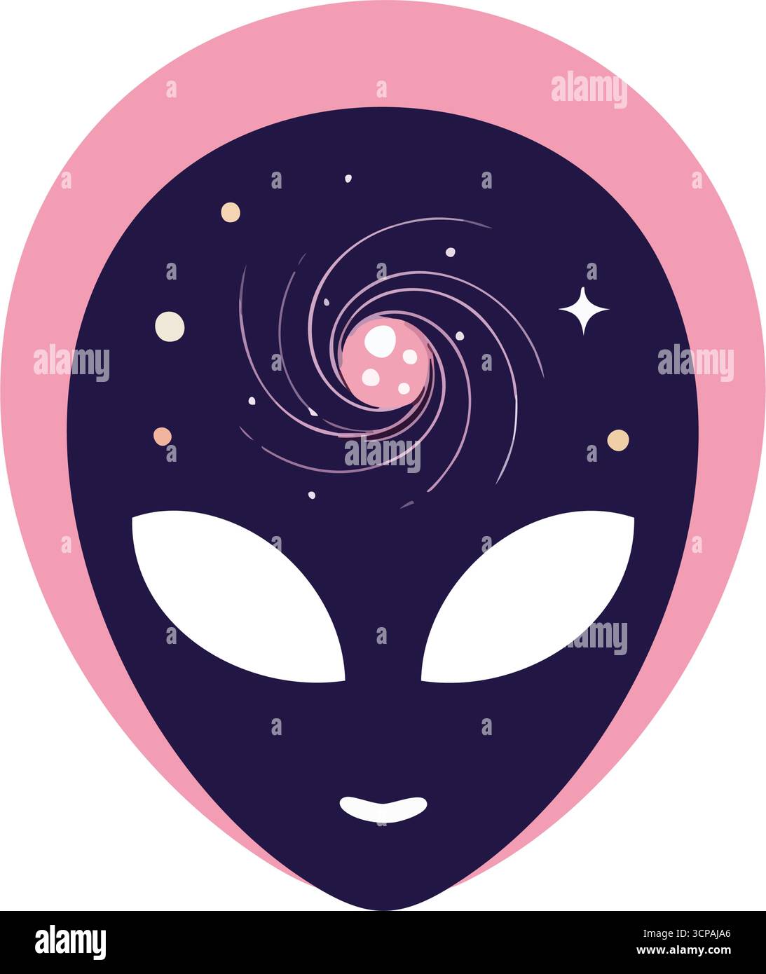 Mente aliena cosmica. Testa extraterrestre dallo stile minimalista con un sorprendente design celeste vorticoso. Incarna pensieri universali profondi e possi infiniti Illustrazione Vettoriale