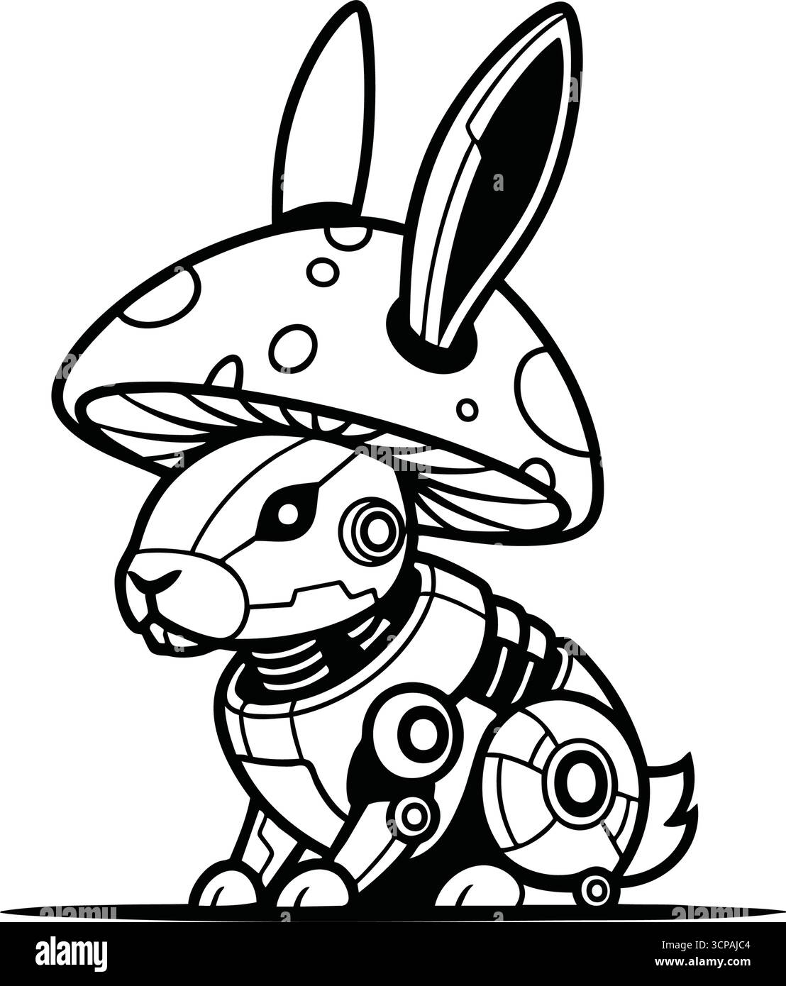 Coniglio robotico con cappello a fungo. Questa affascinante lepre meccanica indossa un cappellino stravagante per lo sgabello, mescolando elementi naturali con tecnologia avanzata. Illustrazione Vettoriale