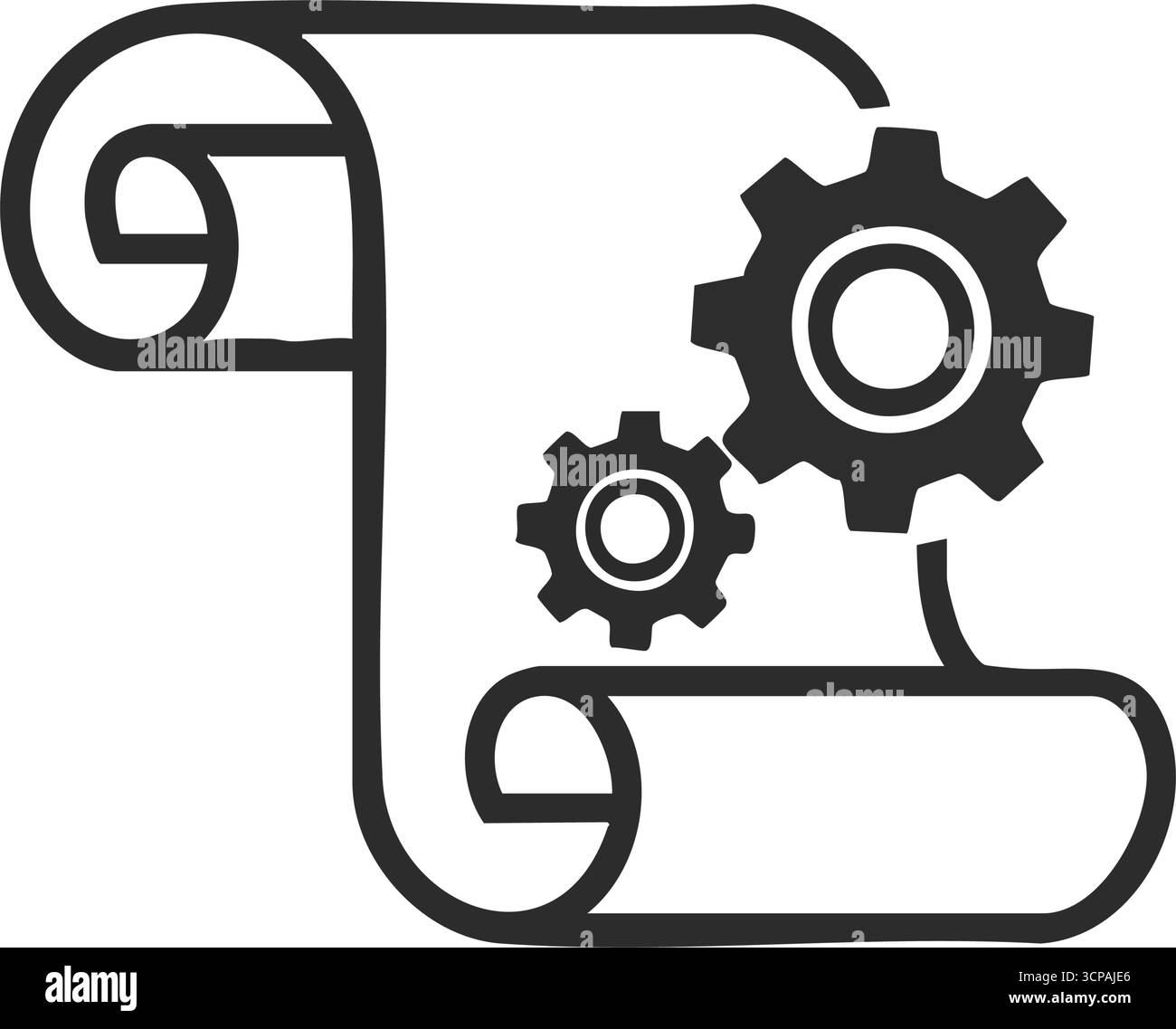 Schema degli ingranaggi del piano Blueprint. Schema disegnato a mano che raffigura una pergamena arrotolata e ruote dentate interbloccate. Questo rappresenta lo sviluppo strategico, SYST Illustrazione Vettoriale