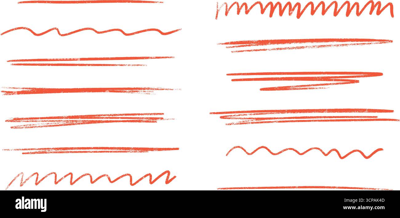 Pennello con linea rossa e sottolineatura a matita e texture a matita per un design grafico: Segni ondulati, elementi dritti Illustrazione Vettoriale