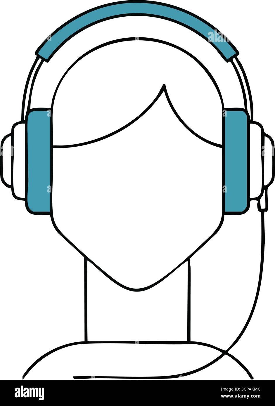 Icona persona che ascolta le cuffie. Grafica stilizzata di qualcuno che ascolta l'audio con le cuffie sovrauricolari. Rappresenta il consumo dei media, una comunicazione chiara, Illustrazione Vettoriale