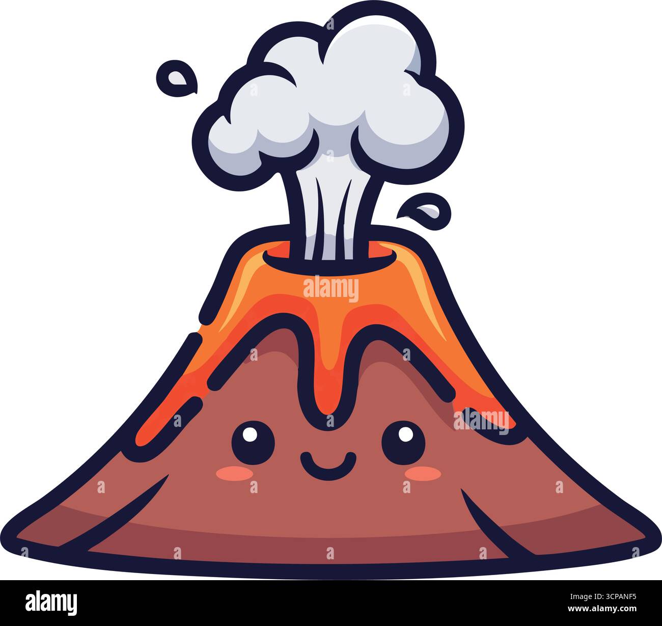 Felice eruzione del vulcano Cartoon. L'adorabile personaggio di montagna diffonde delicatamente fumo e roccia fusa. Un simbolo allegro di energia naturale e calda. Illustrazione Vettoriale