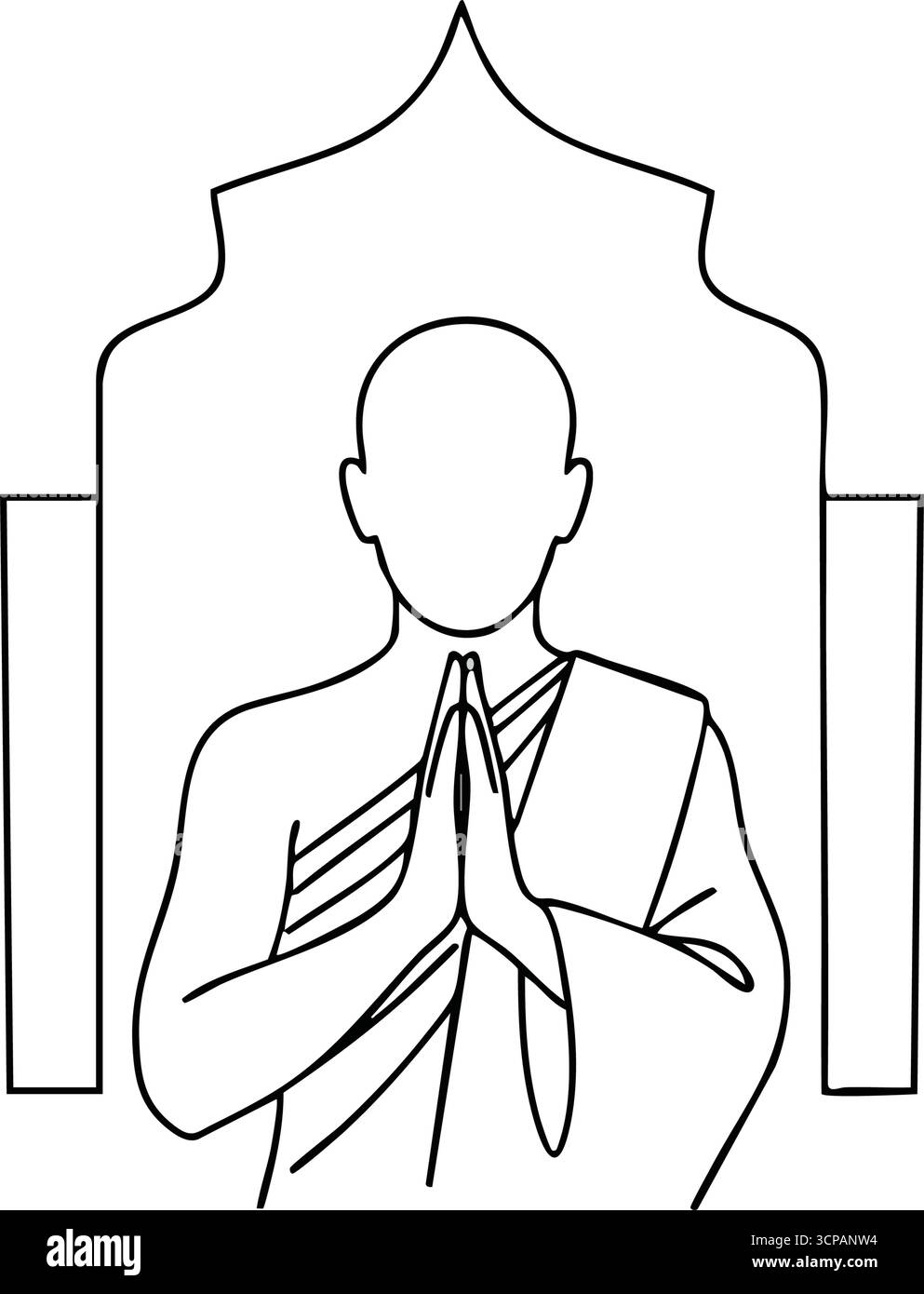 Il gesto pacifico della mano del monaco buddista. Una grafica minimalista in bianco e nero di una figura spirituale che esegue una tranquilla posa di preghiera. Questo emblema è impreziosito da questo emblema Illustrazione Vettoriale