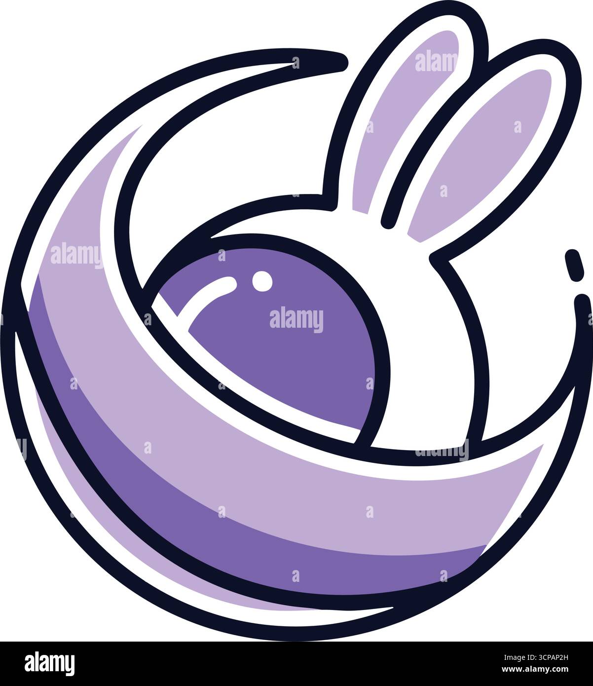 Dolce Coniglio e Mezzaluna lunare. Questa incantevole grafica ritrae un mammifero giocoso racchiuso in un arco cosmico, evocando serene meraviglie notturne e dentro Illustrazione Vettoriale