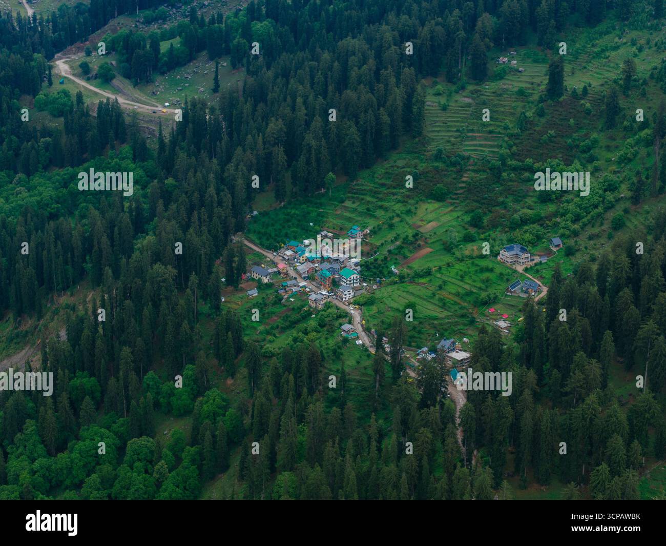 Vista aerea di un villaggio isolato annidato tra la fitta e verdeggiante foresta, un netto contrasto con la tortuosa strada sterrata, Sethan, Himachal Pradesh, India. Foto Stock