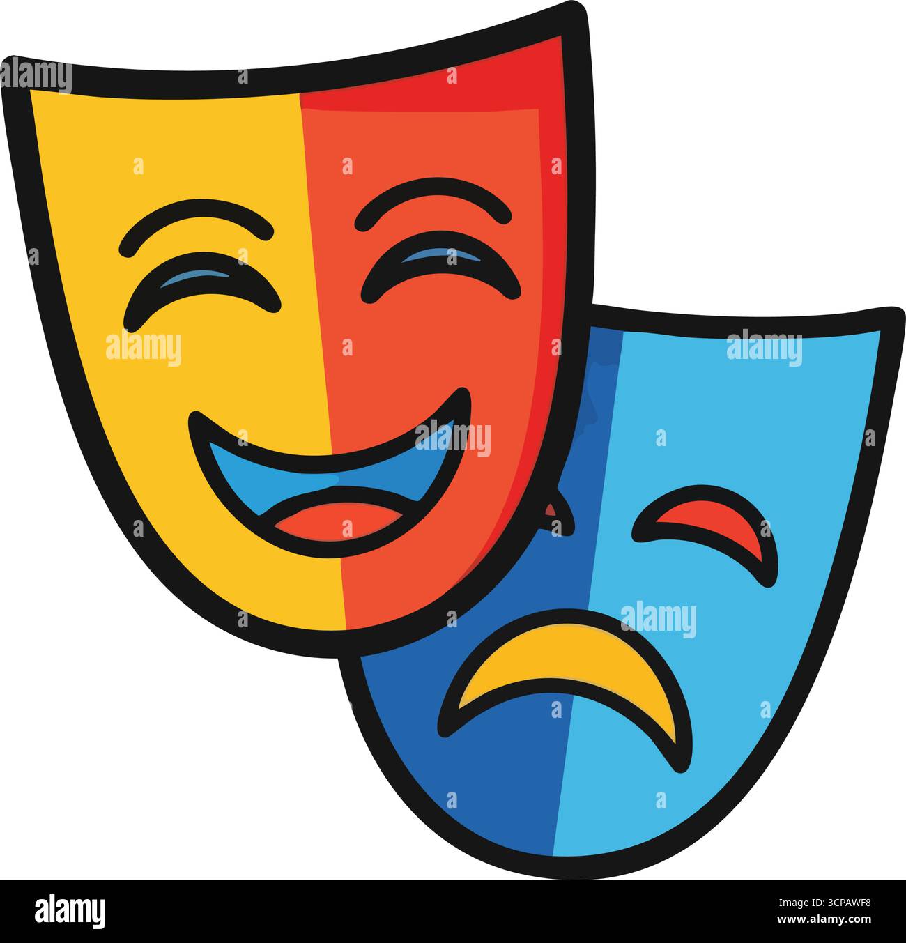 Icona di Theater Comedy Tragedy Masks. Vivace illustrazione delle classiche visiere di scena. Un'espressione gioiosa significa gioia, contrapposta a un'espressione malinconica Illustrazione Vettoriale