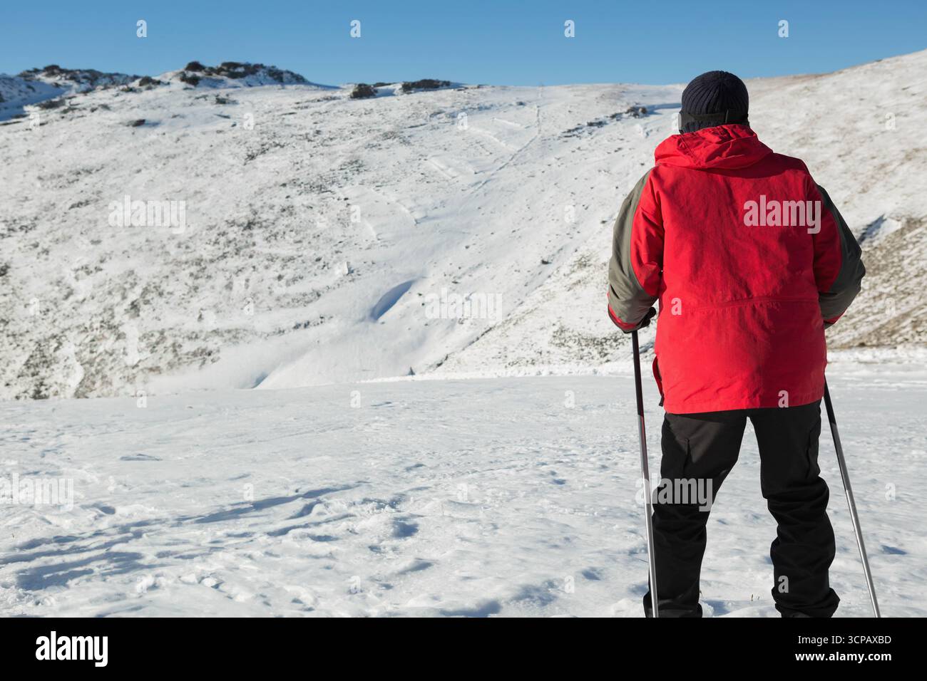 Sciatore maschio che indossa una giacca invernale rossa che tiene i bastoncini da sci a destra della collina innevata, spazio per copiare Foto Stock