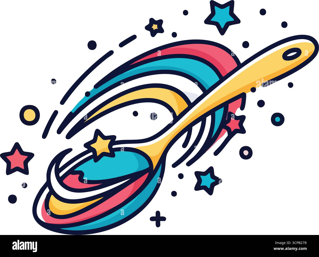 Vibrante cucchiaio magico con Starry Swirl. Questa allegra grafica presenta uno strumento da mangiare pieno di energie colorate ed elementi celesti luminosi. IT Illustrazione Vettoriale