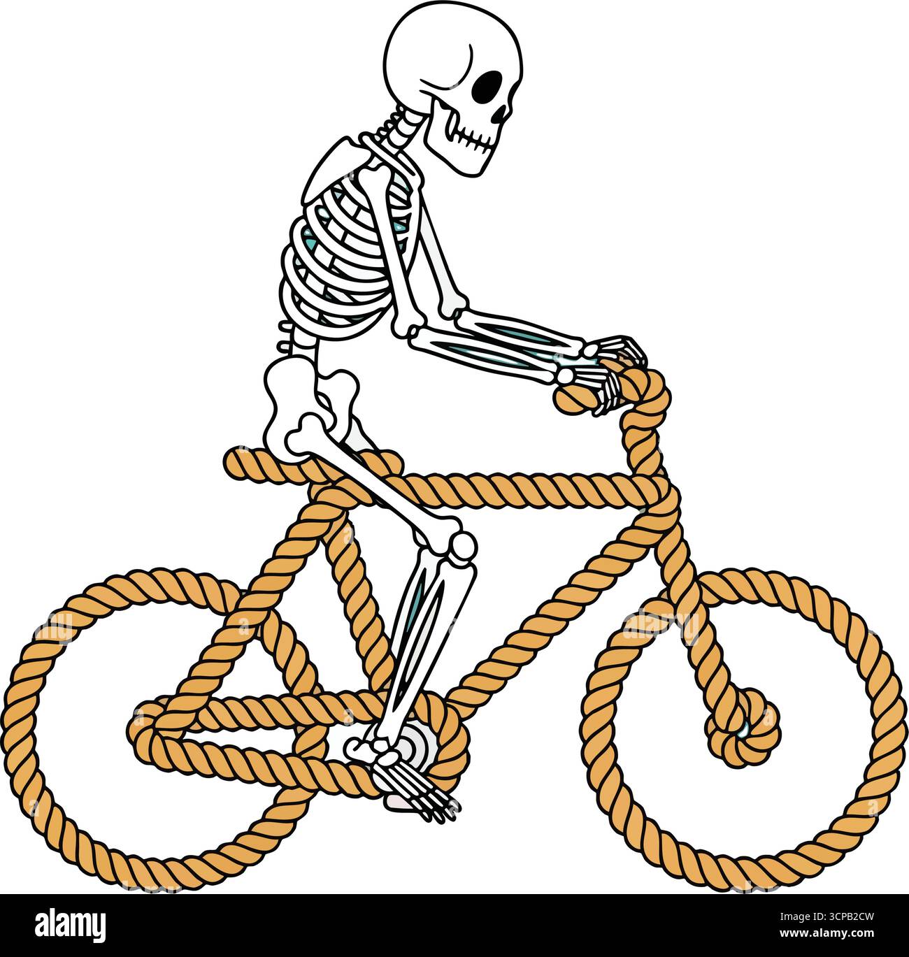 Bicicletta a fune per escursioni in skeleton. Stravagante cartone animato raffigurante una figura scheletrica che pedala su una moto unica realizzata in cordoncino a spirale. Simboleggia il chall della vita Illustrazione Vettoriale